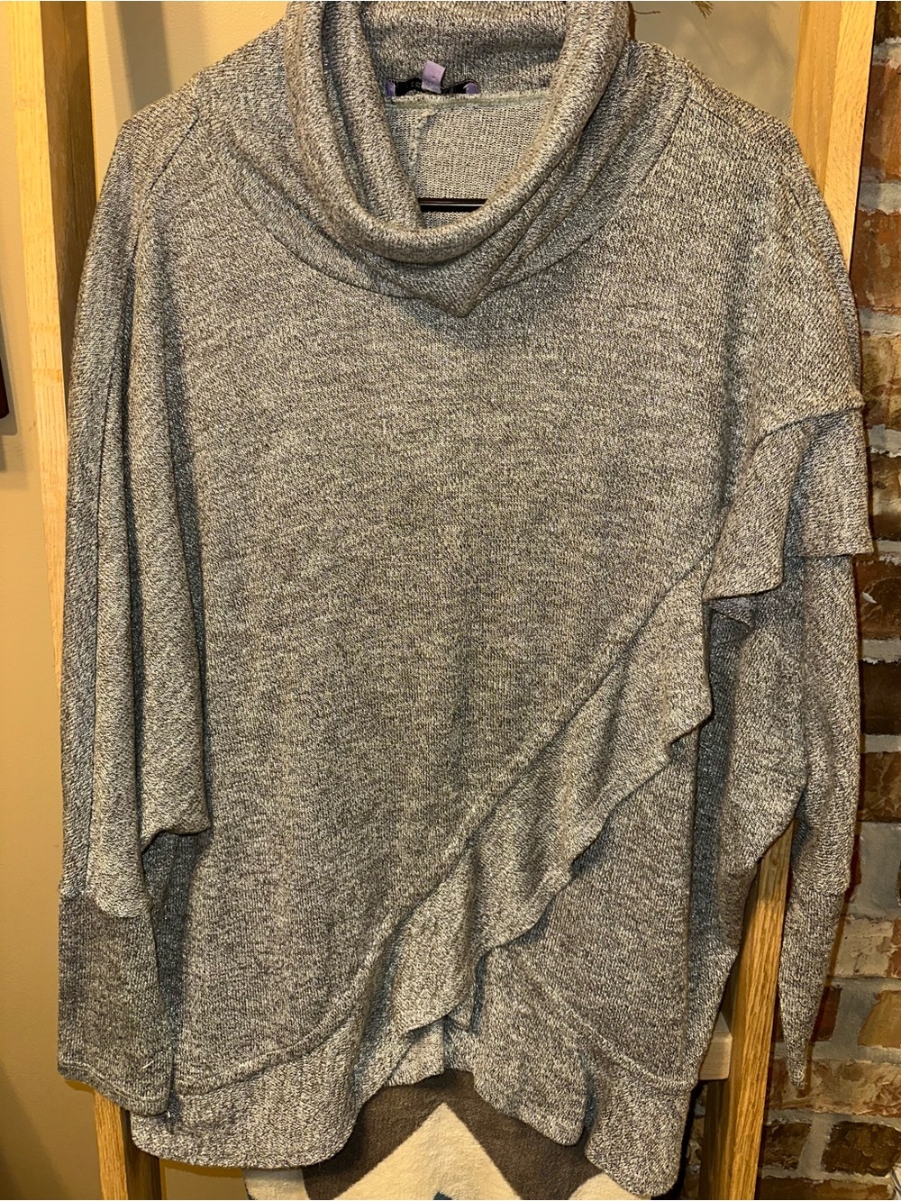 Gray with Silver Flecks Cowl Neck Ruffle Sweater - Women